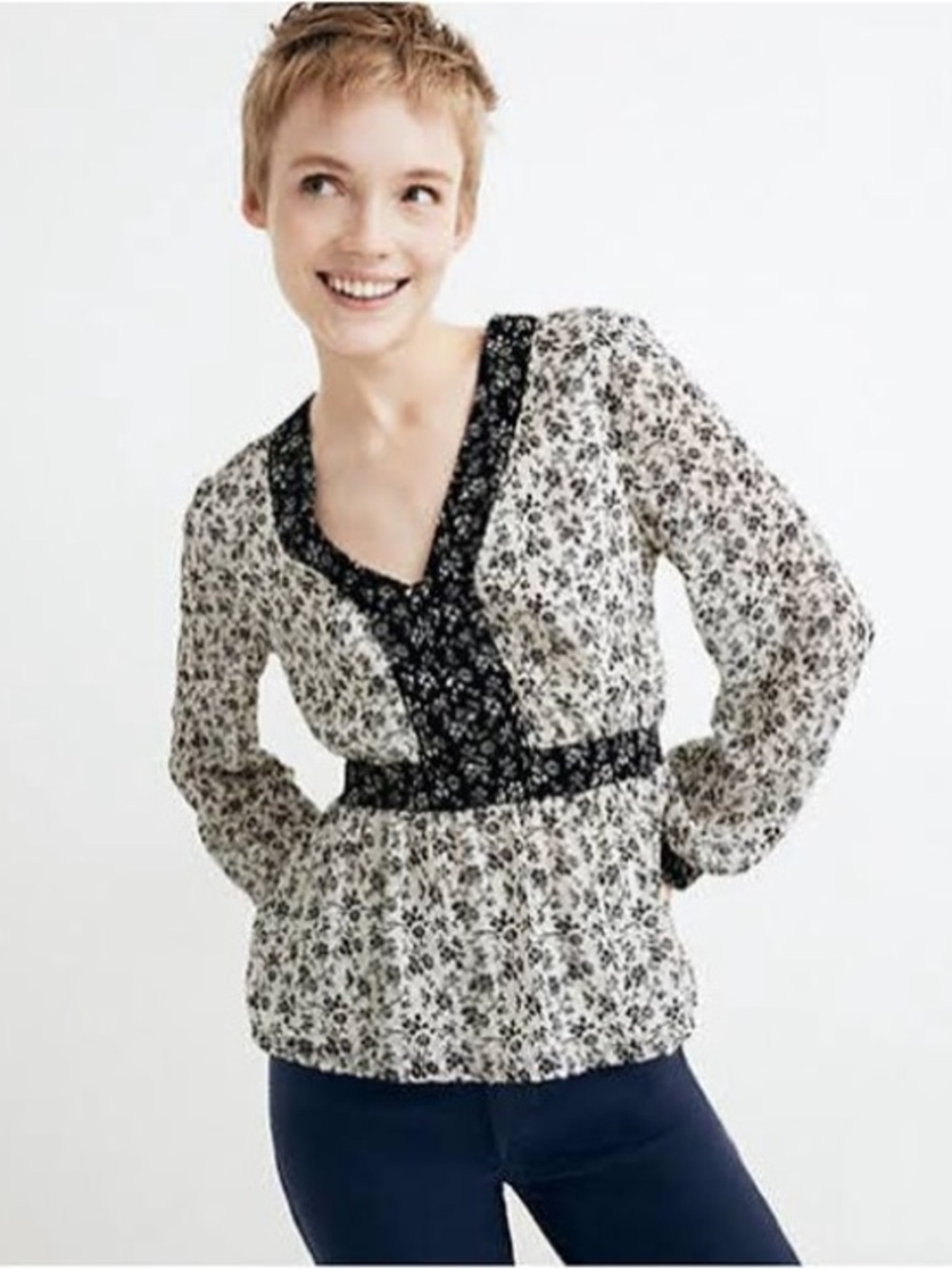 Madewell Clip-dot Branch Floral V-Neck Peplum Top Black White Dainty Monochrome - Picture 1 of 12